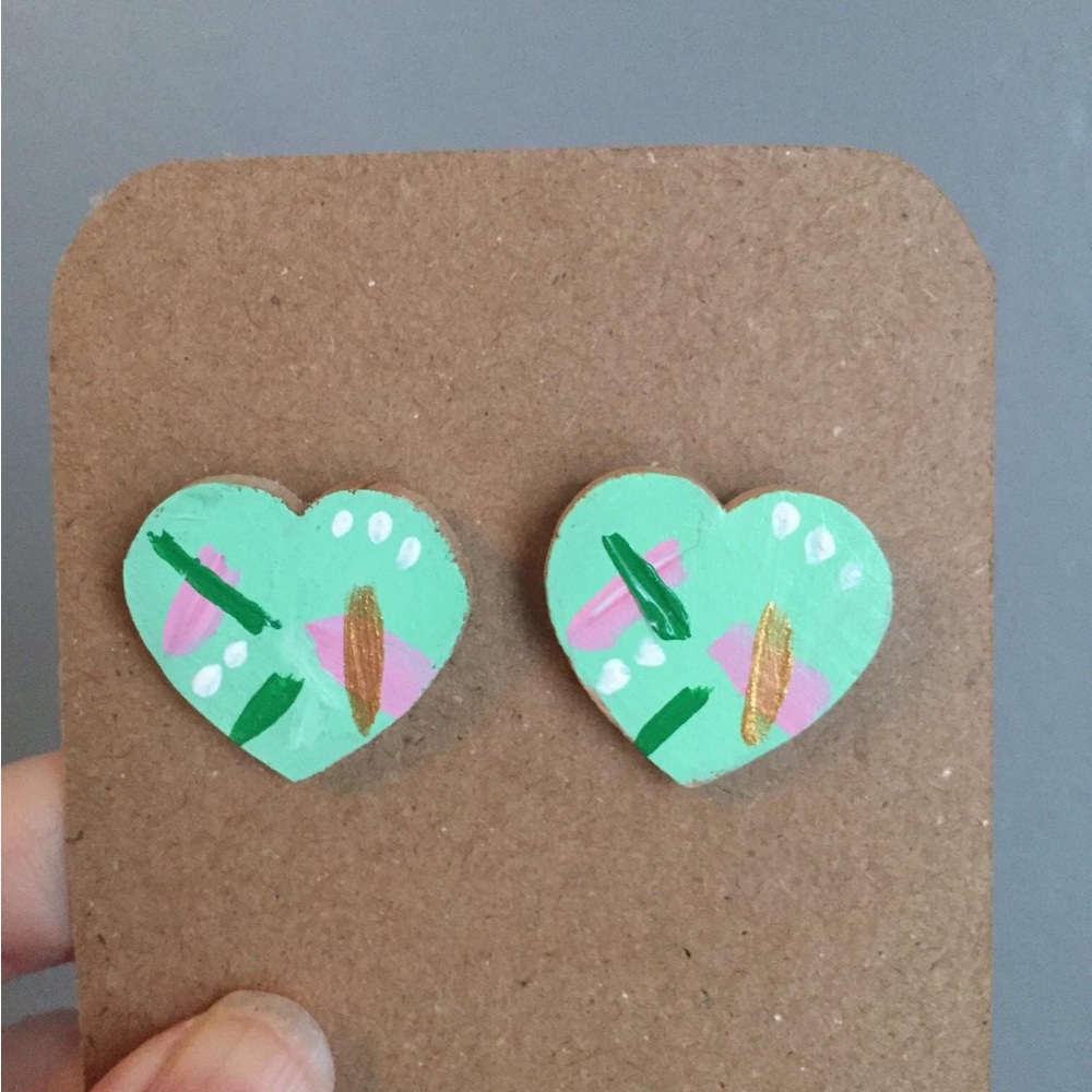 New Wooden Mint Colored Abstract Heart Stud Earrings